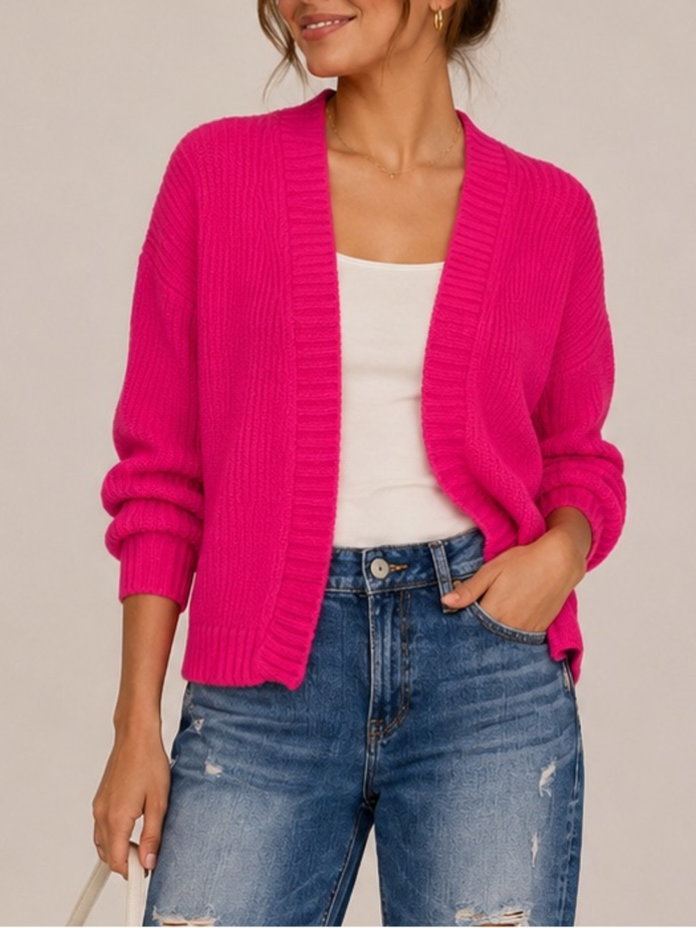 Hippie Rose Bright Neon Pink Cardigan knit Sweater Open Front Medium
